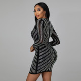 Women's Beaded Long Sleeve Sexy Evening Dress