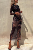 Autumn Mesh Sexy Printed Slim Long-Sleeved Dress