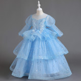 Girls' Dresses Children's Performance Clothes Flower Girl Wedding Tutu Skirt Long-Sleeved Princess Dress
