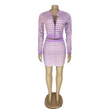 Women Plaid Ribbed Long Sleeve Top and Skirt Two-piece Set