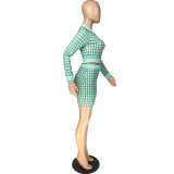 Women Plaid Ribbed Long Sleeve Top and Skirt Two-piece Set