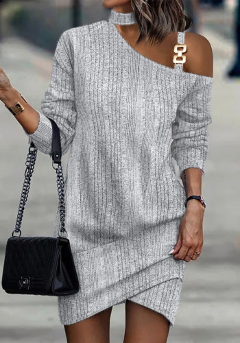 Women Long Sleeve Chain Halter Neck Solid Button Dress