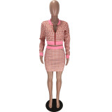 Women Plaid Ribbed Long Sleeve Top and Skirt Two-piece Set