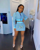 Women Plaid Ribbed Long Sleeve Top and Skirt Two-piece Set