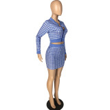 Women Plaid Ribbed Long Sleeve Top and Skirt Two-piece Set