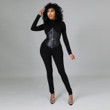 Women Fashion PU-Leather Patchwork Long Sleeve Solid Top and Pant Two-piece Set
