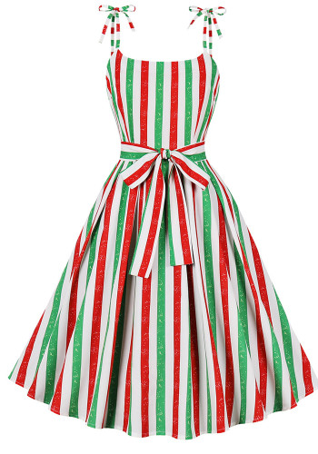 Women Striped Bow Lace-Up Slip Dress