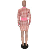Women Plaid Ribbed Long Sleeve Top and Skirt Two-piece Set