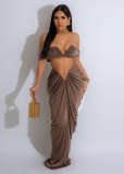 Women Sexy Sleeveless Strapless Crop Top and pleated Skirt two-piece set