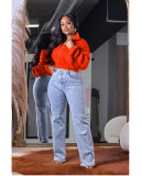 Women loose lantern sleeves Ribbed cuffs zipper sweater