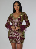 Women's V Neck Sexy Sequin Long Sleeve Nightclub Party Dress