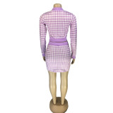 Women Plaid Ribbed Long Sleeve Top and Skirt Two-piece Set