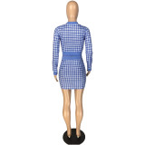 Women Plaid Ribbed Long Sleeve Top and Skirt Two-piece Set