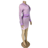 Women Plaid Ribbed Long Sleeve Top and Skirt Two-piece Set