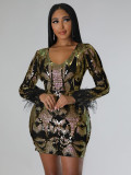 Women's V Neck Sexy Sequin Long Sleeve Nightclub Party Dress