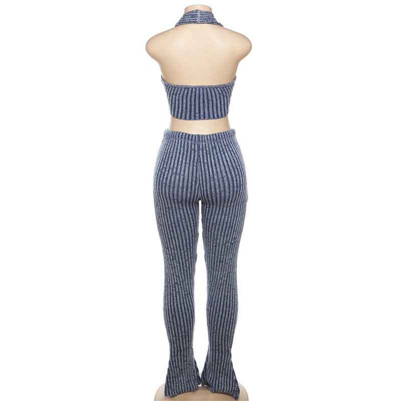 Women Autumn Sexy Knitting Top High Waist Bell Bottom Casual Pants Set