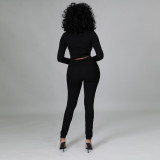 Women Fashion PU-Leather Patchwork Long Sleeve Solid Top and Pant Two-piece Set