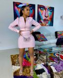 Women Plaid Ribbed Long Sleeve Top and Skirt Two-piece Set