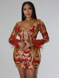 Women's V Neck Sexy Sequin Long Sleeve Nightclub Party Dress