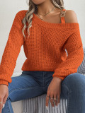 Autumn And Winter Casual Metal Buckle Strap Patchwork Balloon Sleeve Pullover Sweater