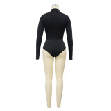 Fashion Women's Long Sleeve Slim Waist Bodysuit Pu Skirt Two Piece Set