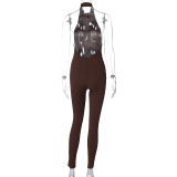 Winter Women's Sexy Low Back Zipper Halter Neck Slim Fit Jumpsuit