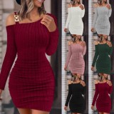 Autumn And Winter Solid Color Metal Buckle Slash Shoulder Tight Fitting Sexy Long-Sleeved Bodycon Slim Dress For Women