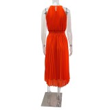 Spring And Summer Solid Color Sleeveless Chiffon Chic Lady Pleated Slim Waist Dress