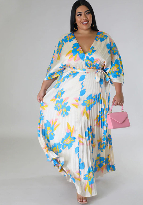 Plus Size Women's Autumn And Winter Sweet Style Loose Pleated Long Dress