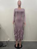 Autumn And Winter Solid Color Multi-Layered Ruffled Long-Sleeved Women's Long Dress
