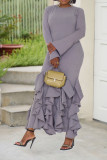 Autumn And Winter Solid Color Multi-Layered Ruffled Long-Sleeved Women's Long Dress