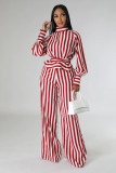 Women's Striped Printed Long-Sleeved Top Loose Wide-Leg Pants Two-Piece Set