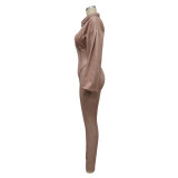 Autumn And Winter Women's V-Neck Long Sleeves Tight Fitting Patchwork Jumpsuit