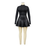 Fashion Women's Long Sleeve Slim Waist Bodysuit Pu Skirt Two Piece Set