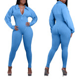 Autumn And Winter Women's V-Neck Long Sleeves Tight Fitting Patchwork Jumpsuit