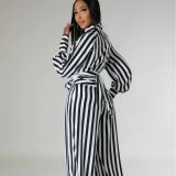 Women's Striped Printed Long-Sleeved Top Loose Wide-Leg Pants Two-Piece Set