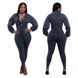 Autumn And Winter Women's V-Neck Long Sleeves Tight Fitting Patchwork Jumpsuit