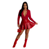 Fashion Women's Long Sleeve Slim Waist Bodysuit Pu Skirt Two Piece Set