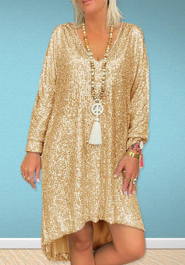 Autumn Short-Sleeved Casual Solid Color Loose Pullover Sequined V-Neck Long Dress