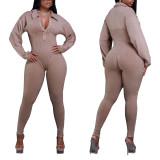 Autumn And Winter Women's V-Neck Long Sleeves Tight Fitting Patchwork Jumpsuit