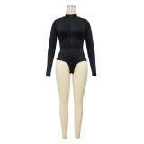 Fashion Women's Long Sleeve Slim Waist Bodysuit Pu Skirt Two Piece Set