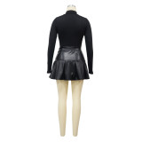Fashion Women's Long Sleeve Slim Waist Bodysuit Pu Skirt Two Piece Set