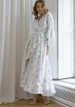 Lantern Sleeve Polka Dot Slim Waist Ruffled Long Dress