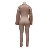 Autumn And Winter Women's V-Neck Long Sleeves Tight Fitting Patchwork Jumpsuit