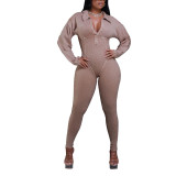 Autumn And Winter Women's V-Neck Long Sleeves Tight Fitting Patchwork Jumpsuit