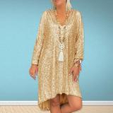 Autumn Short-Sleeved Casual Solid Color Loose Pullover Sequined V-Neck Long Dress