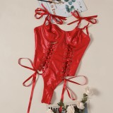 Women Lace-up PU-Leather Jumpsuit Sexy Lingerie