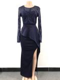 Women Elegant Long Sleeves Sequins Slit Evening Dress