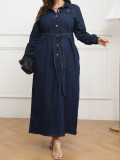Plus Size Winter Women's Turndown Collar Washed Denim Casual Shirt Dress