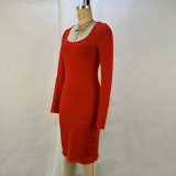 Women Autumn and Winter Square Neck Long Sleeve Solid Bodycon Dress